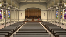 Virtual Set Studio 175 for After Effects is a church with a pipe organ and stained glass windows.
