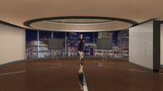 Virtual Set Studio 127 for HD Extreme is a circular room with monitors and a monitor wall overlooking a city.