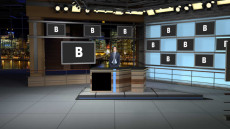 Virtual Set Studio 179 for Wirecast is a major network new desk set with monitors spaced around the room.