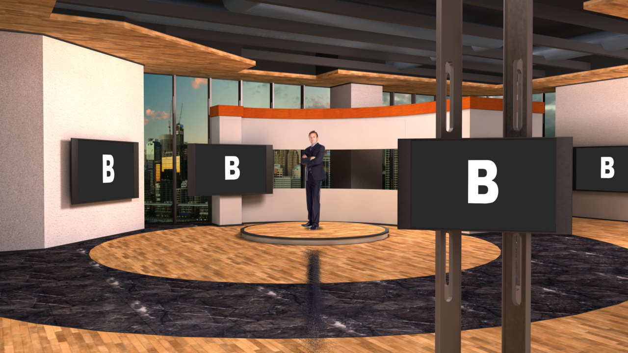 Virtual Set Studio 185 for Wirecast is a light open modern space with numerous screens to add your own content.