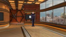 Virtual Set Studio 203 for HD is a warm stage with a skyline and dais.