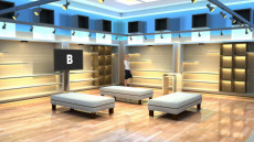 Virtual Set Studio 204 for Wirecast is a store with optional padded seats and shelves for products.